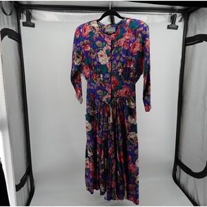 Carol Anderson Vintage Purple Floral Midi Dress Button Front Pockets 80s USA